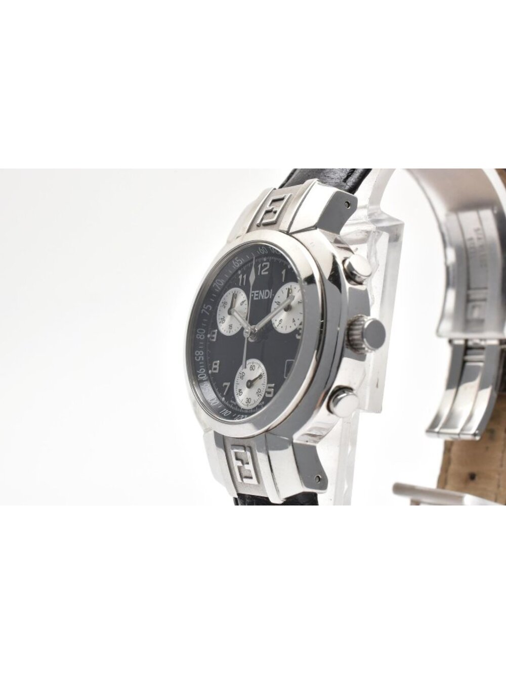 Fendi Classico Chronograph Quartz Date Black Dial Stainless Steel Leather Strap